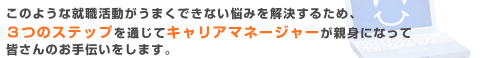 このような就職活動がうまくできない悩みを解決するため、3つのステップを通じてキャリアマネージャーが親身になって皆さんの就職活動のお手伝いをします。