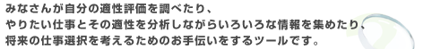 みなさんが自分の適性評価を調べたり、やりたい仕事とその適性を分析しながらいろいろな情報を集めたり、将来の仕事選択を考えるためのお手伝いをするツールです。
